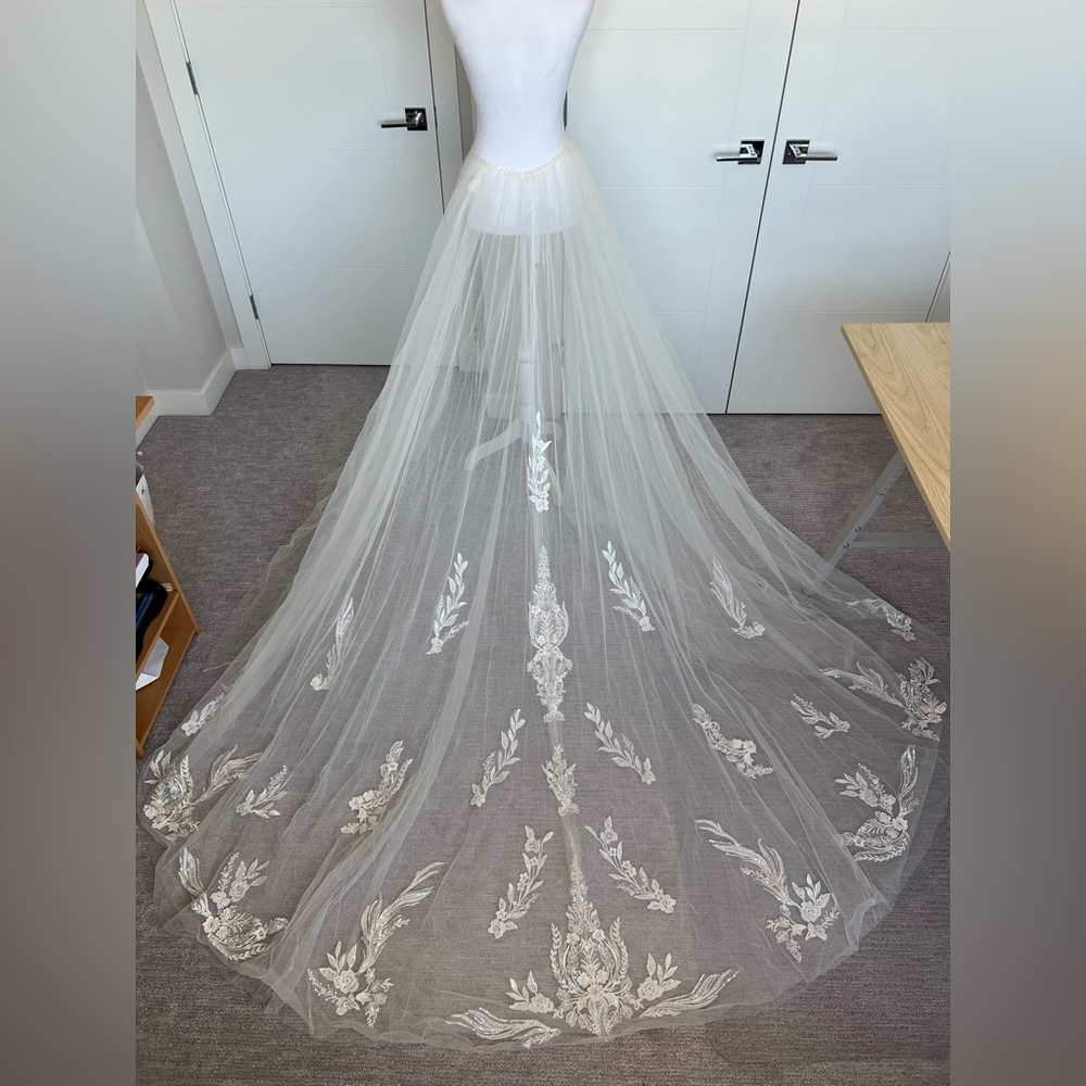 Elegant Ivory with Beaded Lace Detail Wedding Open Front Belted Overskirt
